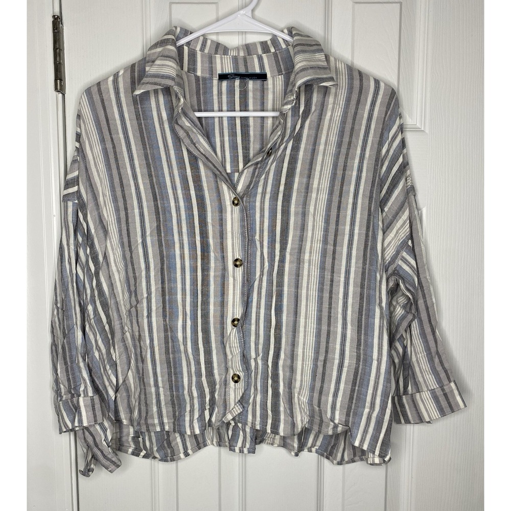Shore Women's Oversize Long Sleeve Button Front‎ Striped Shirt Grey Size Small